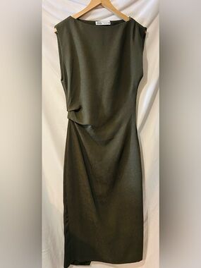 Zara Olive Green Sleeveless Draped Midi Dress size M EUC
